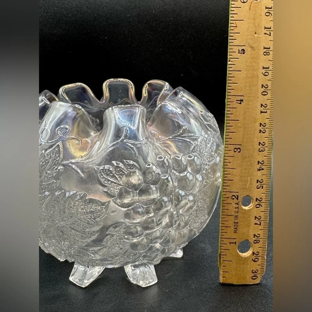 Vintage Dugan Clear Iridescent Carnival Glass Grape Delight Footed Rose Bowl